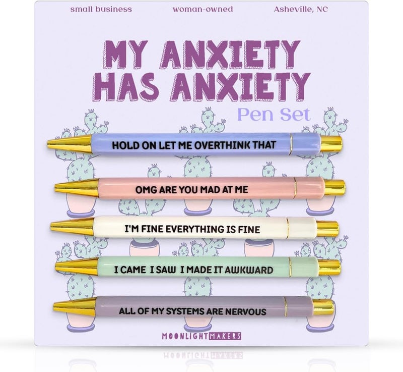Moonlight Makers Funny Pens — Cute Pens with Sayings for Anxiety, Black Ink Ballpoint, Snarky Office Desk Accessories, Women, Coworkers, Friends, Gift Ideas, Set of 5, My Anxiety Has Anxiety - Image 1